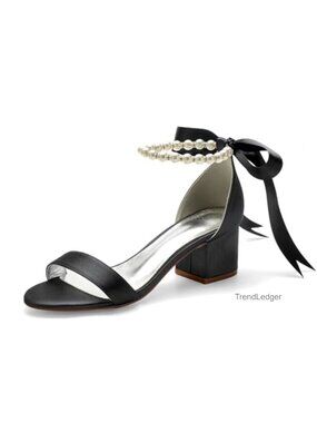Low Block Heel Peep Toe Pearl Ankle Strap Wedding Sandals